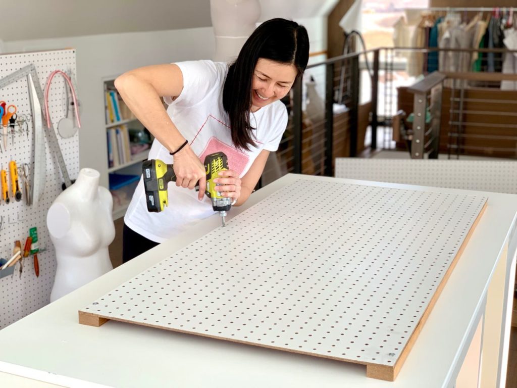 sewing caddy - attach pegboard to frame