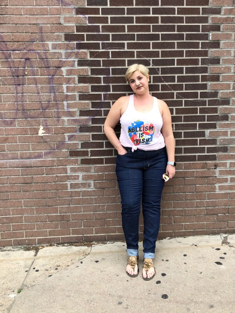 Christina wearing jeans she made at a Ladybird sewing workshop